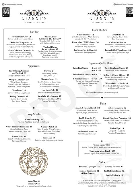 gianni's Versace mansion menu